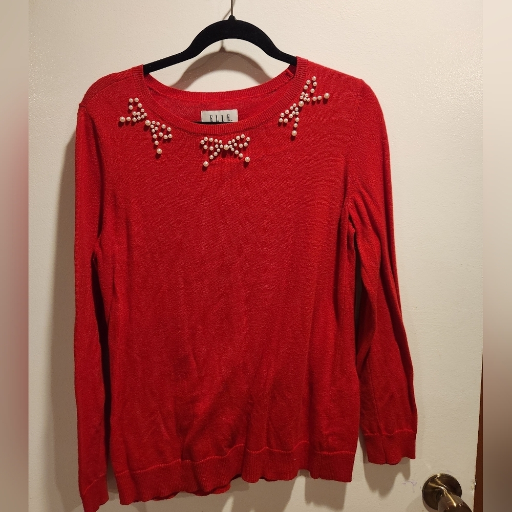Elle Red Sweater with Pearl Embellishments